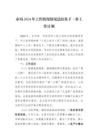 市局2024年工作情况情况总结及下一步工作计划