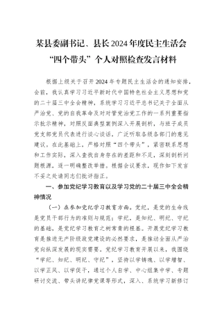 某县委副书记、县长2024年度民主生活会“四个带头”个人对照检查发言材料