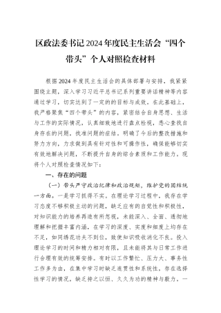 区政法委书记2024年度民主生活会“四个带头”个人对照检查材料