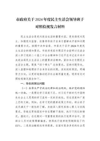 市政府关于2024年度民主生活会领导班子对照检视发言材料