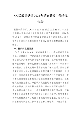 XX民政局党组2024年巡察整改工作情况报告