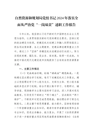 自然资源和规划局党组书记2024年落实全面从严治党“一岗双责”述职工作报告