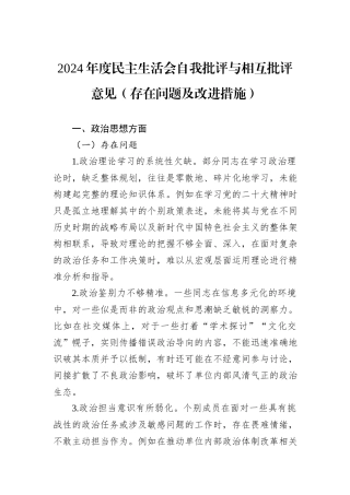 2024年度民主生活会自我批评与相互批评意见（存在问题及改进措施）