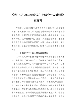 党组书记2024年度民主生活会个人对照检查材料
