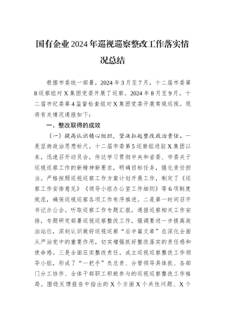 国有企业2024年巡视巡察整改工作落实情况总结