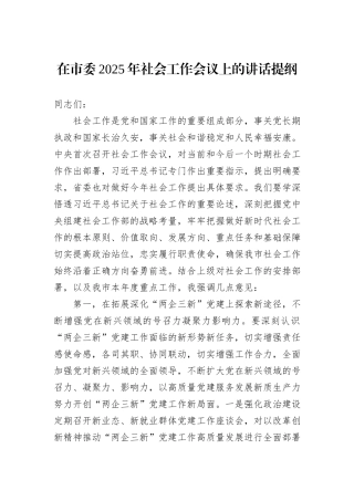 在市委2025年社会工作会议上的讲话提纲