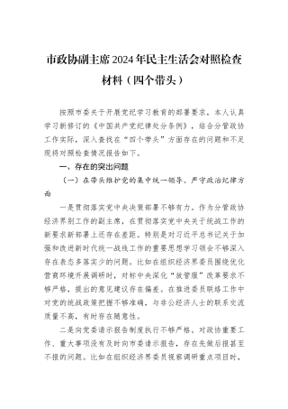 市政协副主席2024年民主生活会对照检查材料