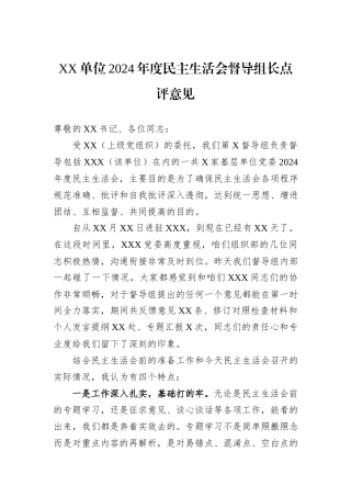 XX单位2024年度民主生活会督导组长点评意见