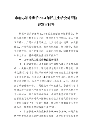 市府办领导班子2024年民主生活会对照检查发言材料