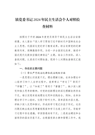 镇党委书记2024年民主生活会个人对照检查材料