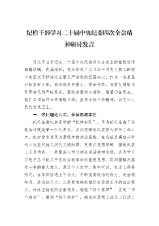 纪检干部学习二十届中央纪委四次全会精神研讨发言