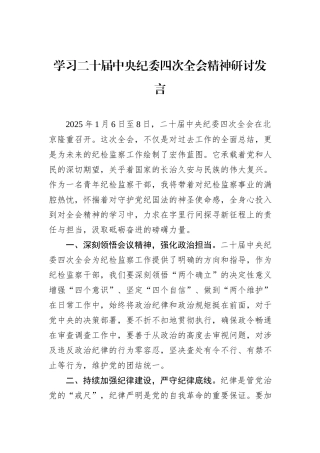 学习二十届中央纪委四次全会精神研讨发言