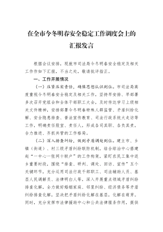 在全市今冬明春安全稳定工作调度会上的汇报发言