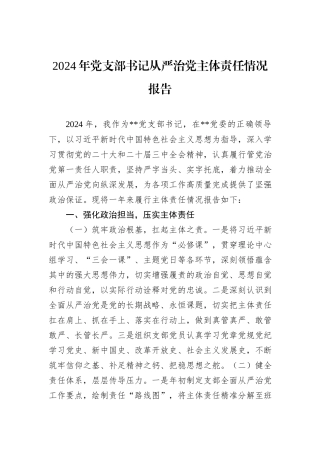 2024年党支部书记从严治党主体责任情况报告