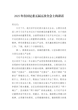 2025年在区纪委五届五次全会上的讲话
