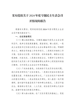 某局党组关于2024年度专题民主生活会召开情况的报告