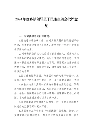 2024年度乡镇领导班子民主生活会批评意见