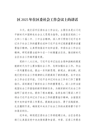 区2025年在区委社会工作会议上的讲话