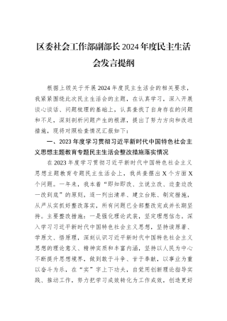 区委社会工作部副部长2024年度民主生活会发言提纲