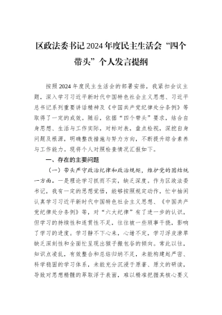 区政法委书记2024年度民主生活会“四个带头”个人发言提纲