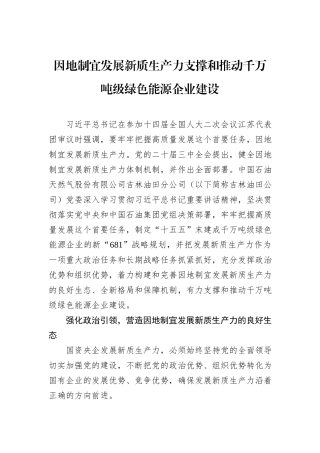 因地制宜发展新质生产力支撑和推动千万吨级绿色能源企业建设