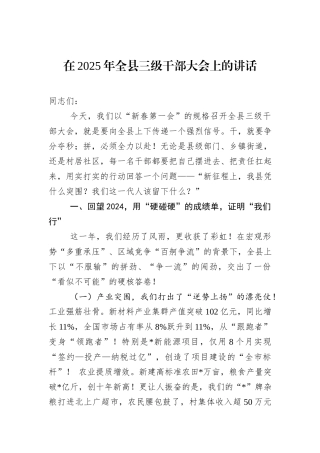 在2025年全县三级干部大会上的讲话