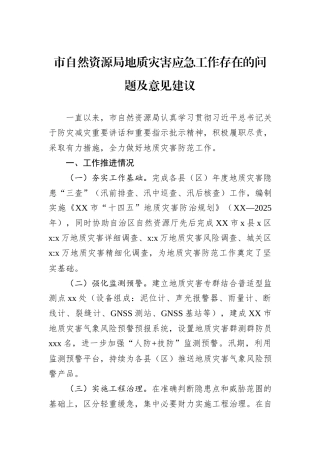 市自然资源局地质灾害应急工作存在的问题及意见建议