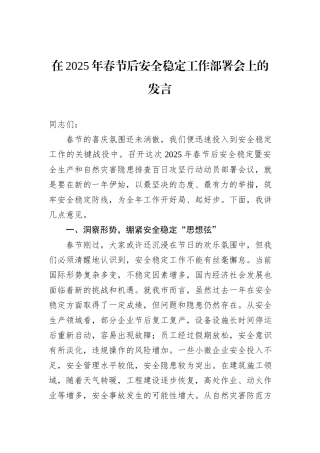 在2025年春节后安全稳定工作部署会上的发言