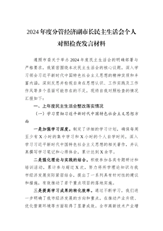 2024年度分管经济副市长民主生活会个人对照检查发言材料