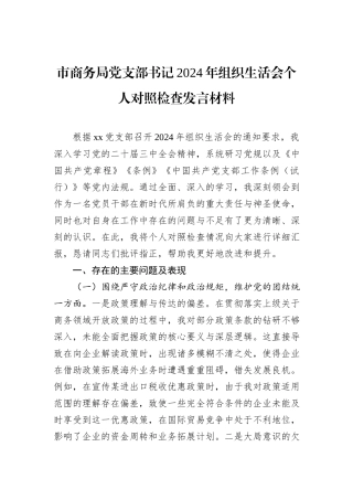市商务局党支部书记2024年组织生活会个人对照检查发言材料