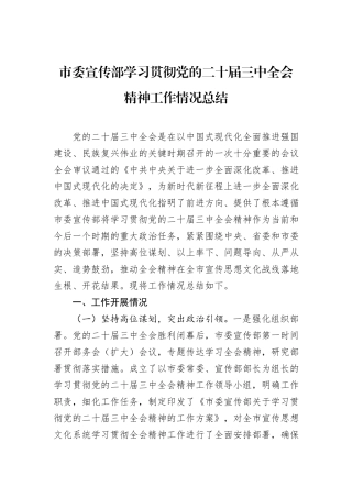 市委宣传部学习贯彻党的二十届三中全会精神工作情况总结
