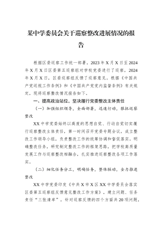 某中学委员会关于巡察整改进展情况的报告