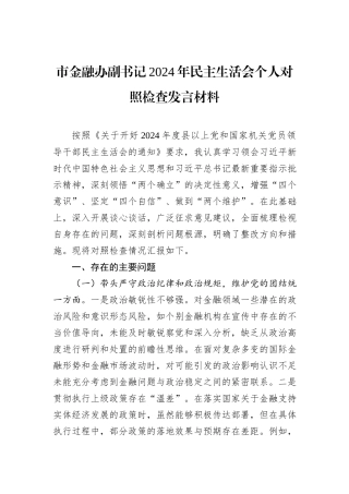 市金融办副书记2024年民主生活会个人对照检查发言材料