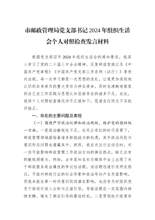 市邮政管理局党支部书记2024年组织生活会个人对照检查发言材料