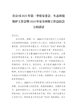 在公司2025年第一季度安委会、生态环境保护工作会暨2024年安全环保工作总结会上的讲话