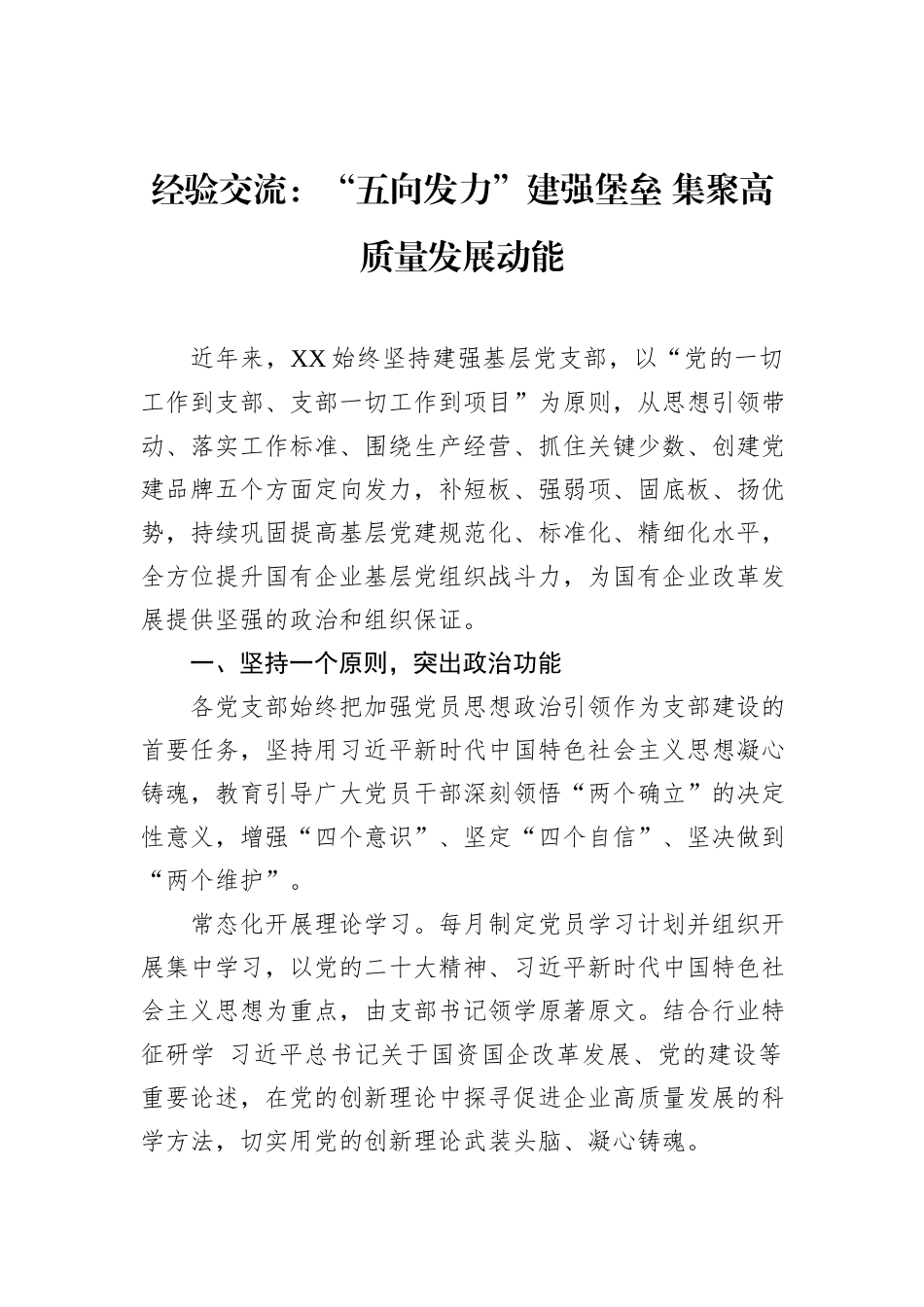 经验交流：“五向发力”建强堡垒+集聚高质量发展动能_第1页