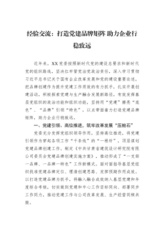 经验交流：打造党建品牌矩阵+助力企业行稳致远