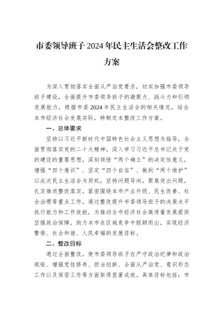 市委领导班子2024年民主生活会整改工作方案