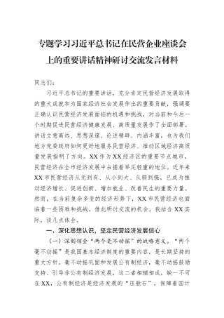 专题学习习近平总书记在民营企业座谈会上的重要讲话精神研讨交流发言材料