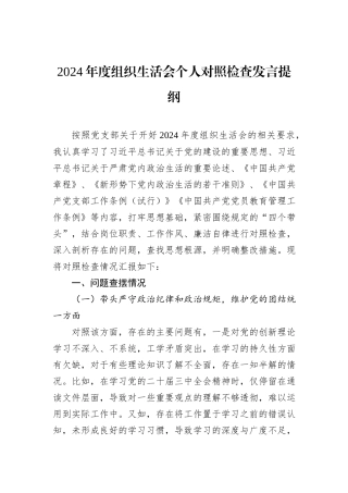 2024年度组织生活会个人对照检查发言提纲