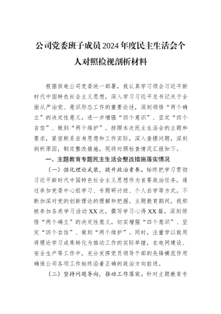 公司党委班子成员2024年度民主生活会个人对照检视剖析材料