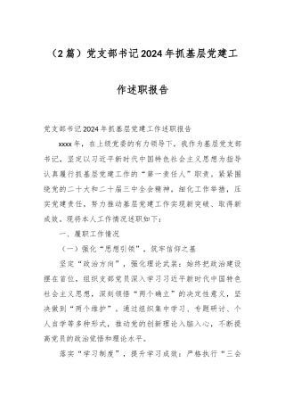 （2篇）党支部书记2024年抓基层党建工作述职报告