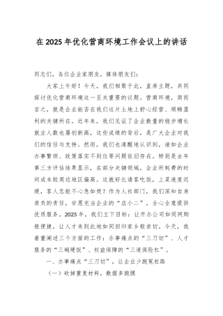 在2025年优化营商环境工作会议上的讲话