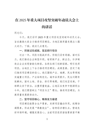 在2025年重大项目攻坚突破年动员大会上的讲话