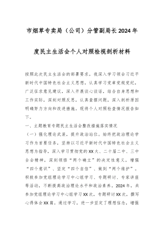 市烟草专卖局（公司）分管副局长2024年度民主生活会个人对照检视剖析材料