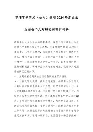 市烟草专卖局（公司）副职2024年度民主生活会个人对照检视剖析材料