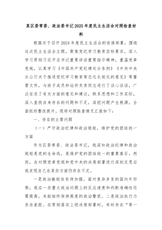 某区委常委、政法委书记2025年度民主生活会对照检查材料