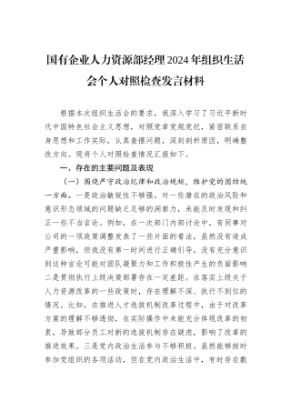 国有企业人力资源部经理2024年组织生活会个人对照检查发言材料