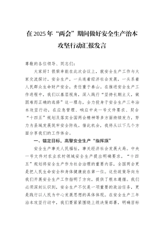 在2025年“两会”期间做好安全生产治本攻坚行动汇报发言