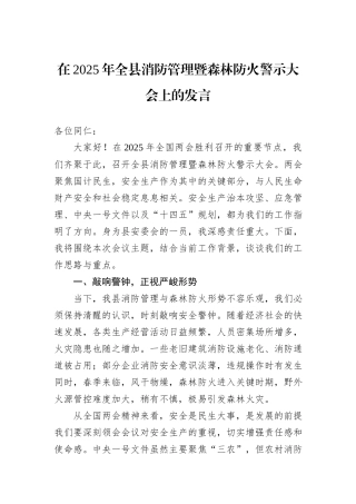 在2025年全县消防管理暨森林防火警示大会上的发言